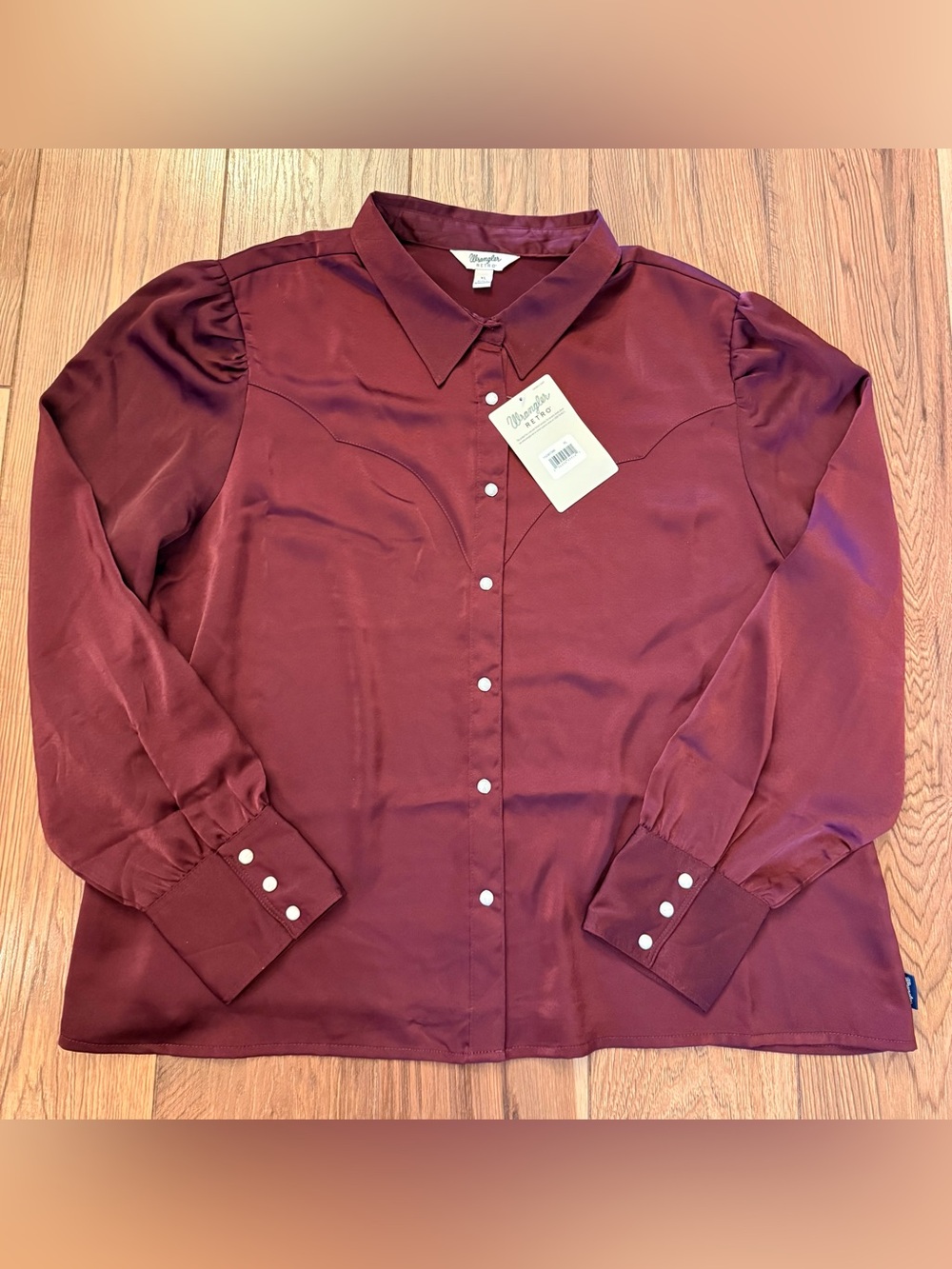 Margaret M Burgundy Satin Button-Down Blouse